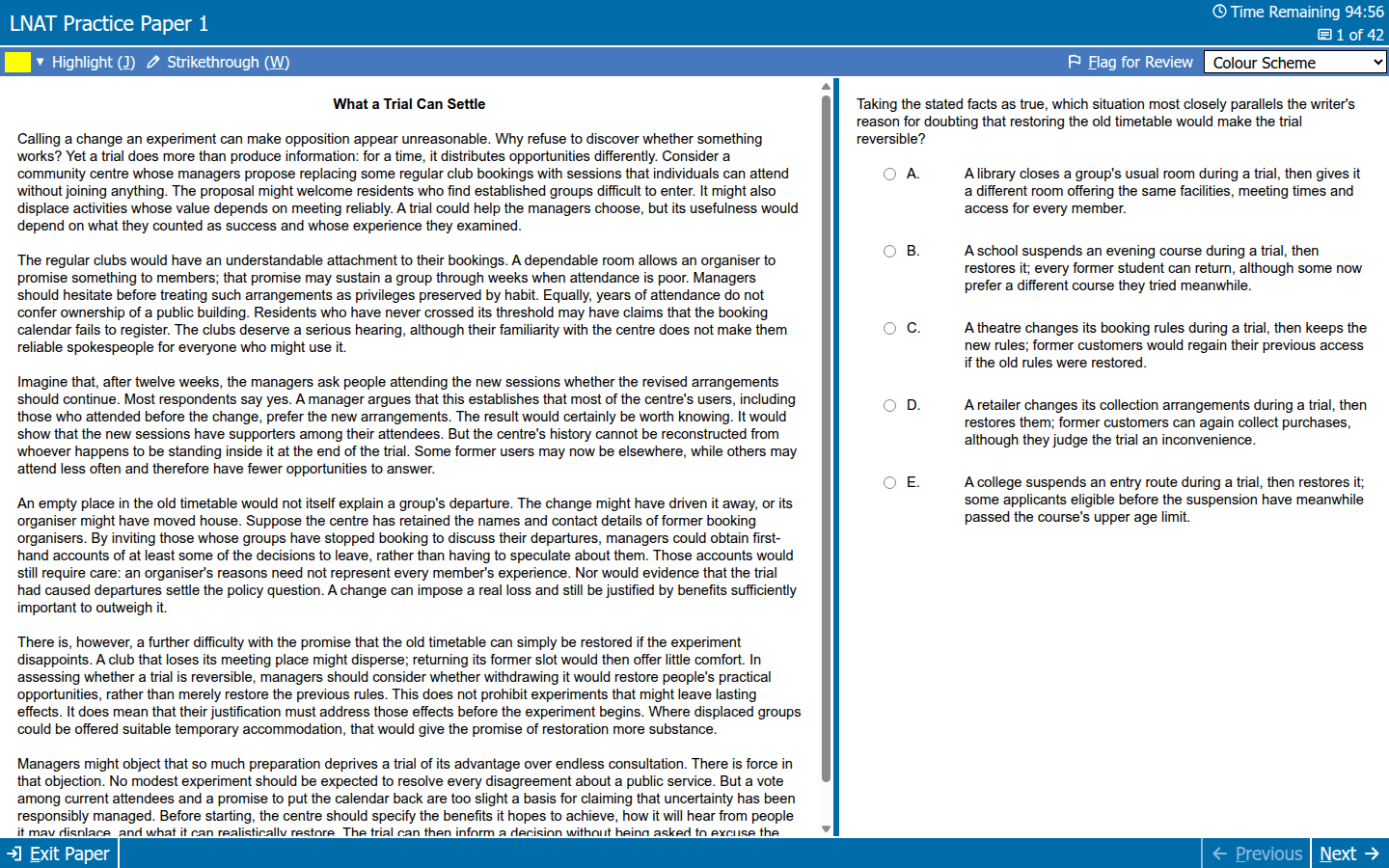 An LNAT Logic practice paper on screen: the passage on the left, the question and answer options on the right, with the section clock and question counter in the title bar, exactly as the on screen test lays them out.